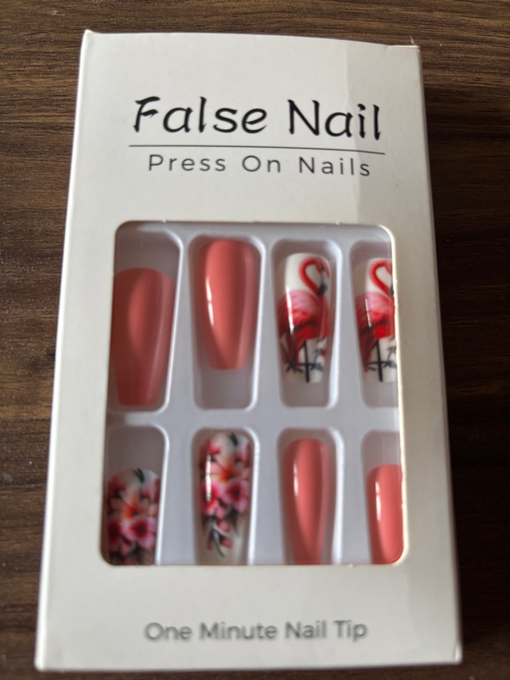 False Nail Press-On Set - Coral Pink Flamingo & Floral Design
